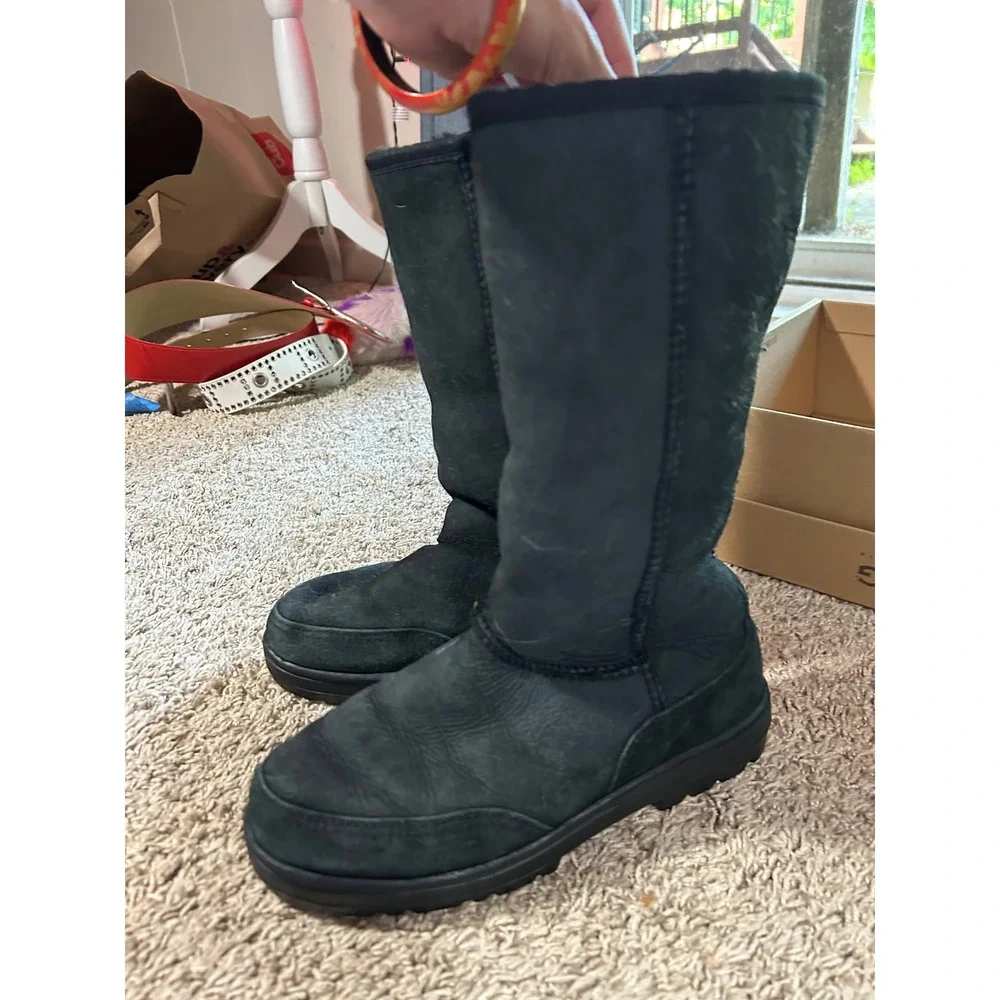 UGG Black Suede Tall Sheepskin Boots Embroidered Western‎ Boho Apres Women 8